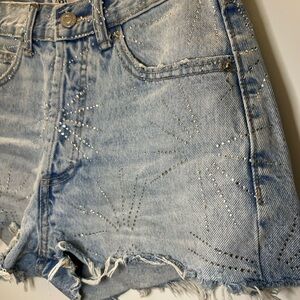 Zara Light Blue Crystal-Studded Distressed Denim Shorts